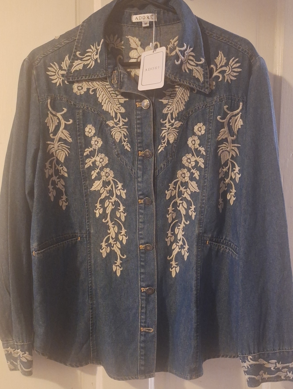 Adore Blue Denim Top with Cream Floral Embroidery